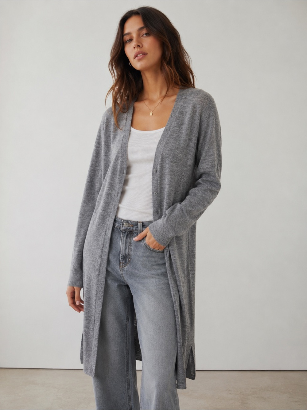 DKNY merino wool Long Gray Open-Front Women's Cardigan sz large
